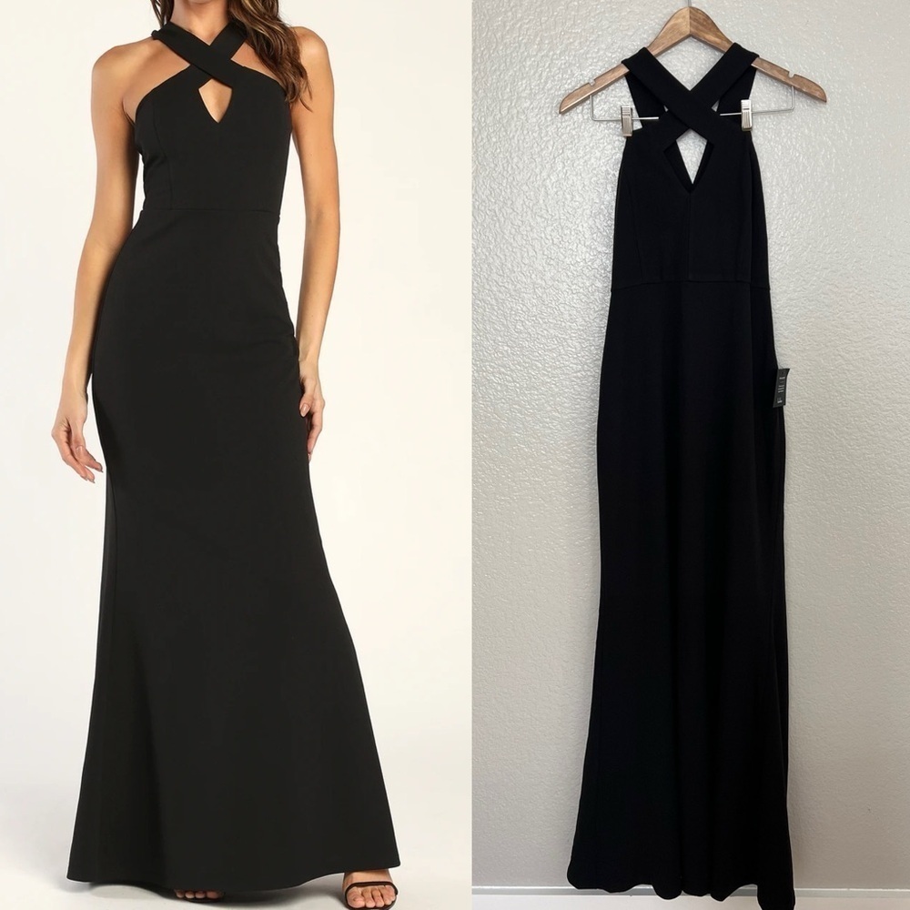 NWOT Keep You Enchanted Black Cutout Halter Mermaid Maxi Dress